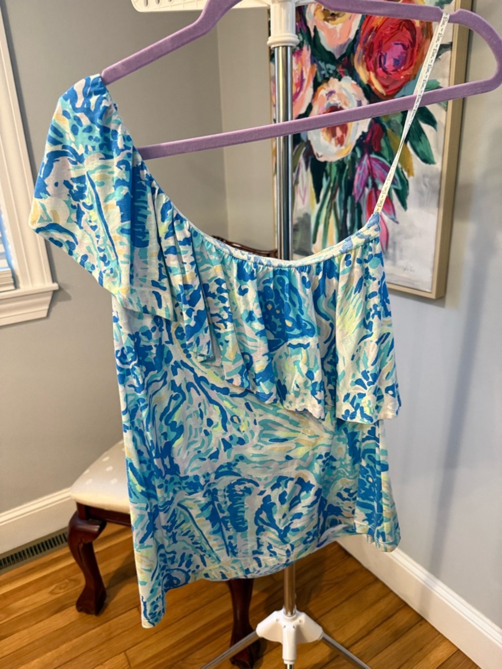 Lilly Pulitzer One-Shoulder Ruffle Tank in Blue and Aqua Print